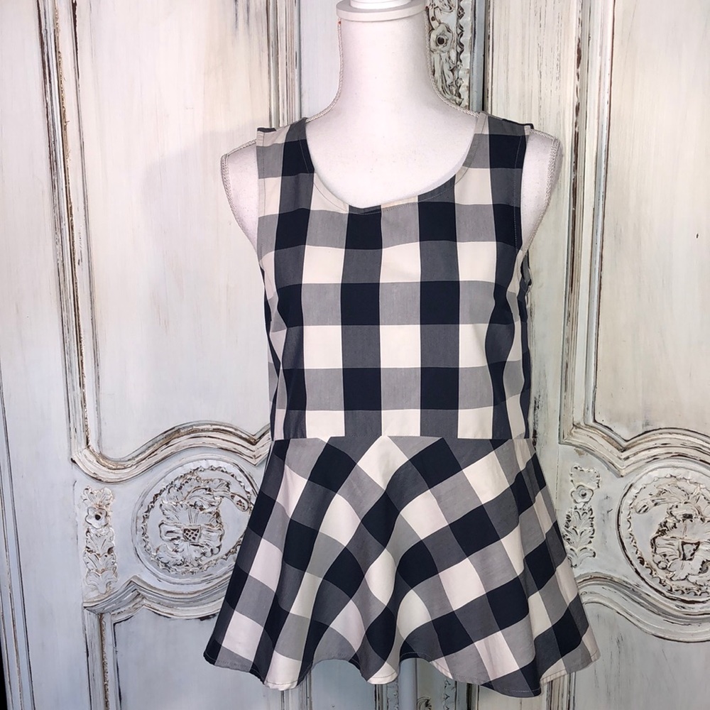 HD IN PARIS Blue and White Sleeveless Gingham Peplum Blouse Size 4